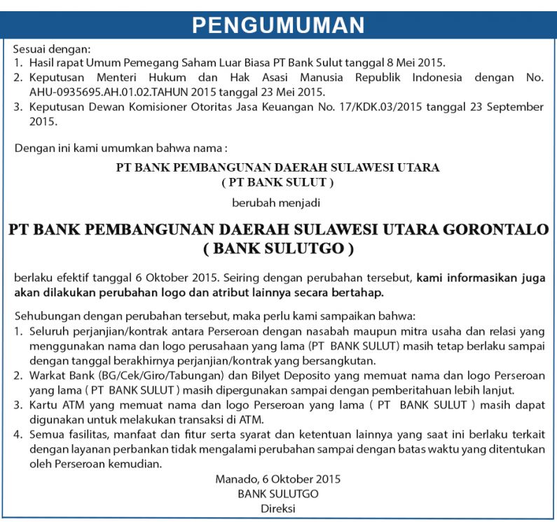 Bank Sulut resmi berubah nama menjadi Bank SulutGo